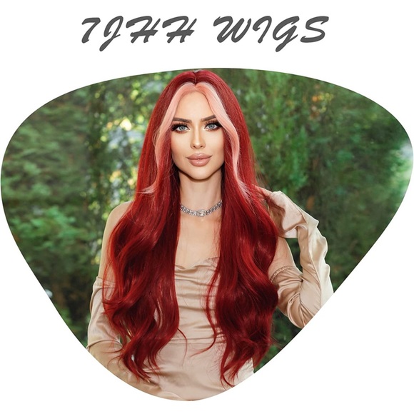 Long Wavy Wine Red Wigs Pink Skunk Stripe Synthetic Wig Middle Part Curly Wavy - Picture 10 of 11